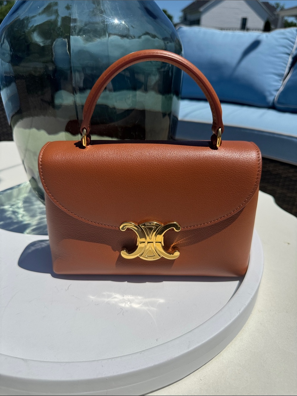 Celine Tan Triomphe Top Handle Satchel with Gold Hardware